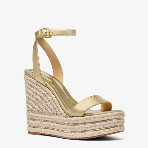 MICHAEL KORS Leighton Metallic Leather Wedge Sandal Pale Gold - Picture 1 of 4